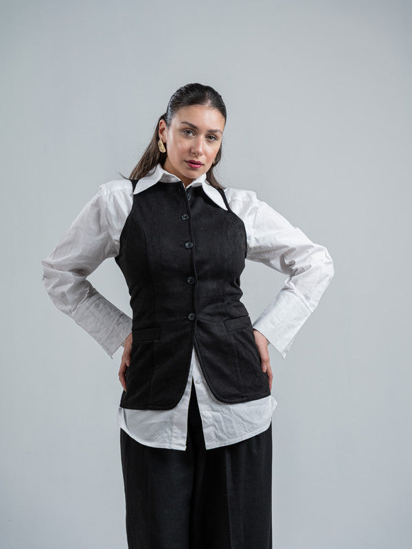 Suede Solid Button Vest – Black