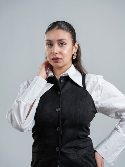 Suede Solid Button Vest – Black