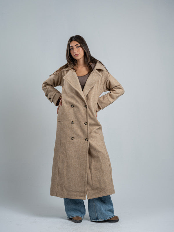 Wool Blend Felt Solid Long Coat – Light Beige