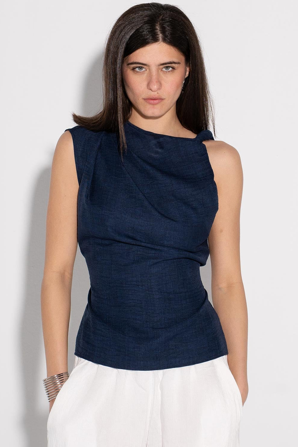 Draped Sleeveless Top - Navy