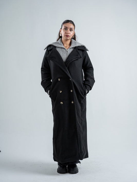 Wool Double-Breasted Coat – Black
