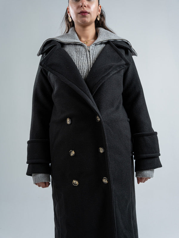 Wool Double-Breasted Coat – Black