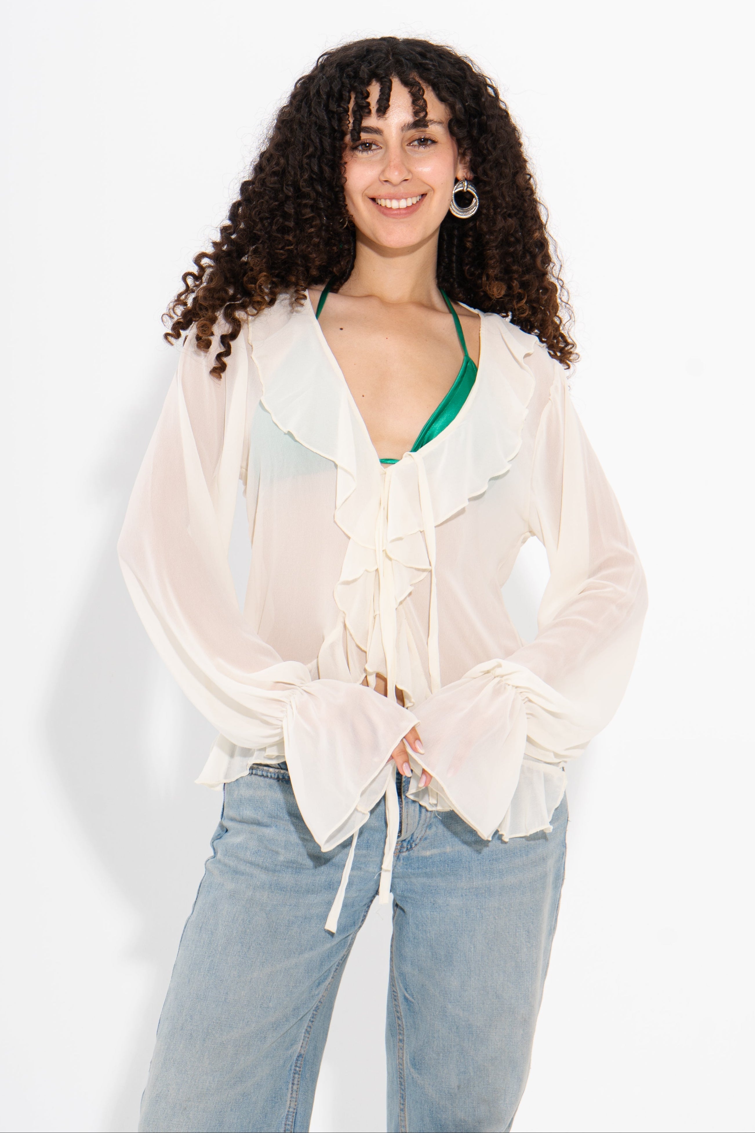 Chiffon Ruffle Tie-Front Top - Off White