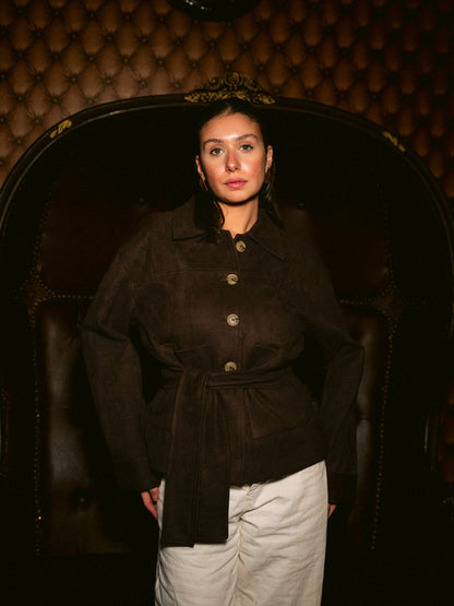 Suede Solid Button Jacket – Brown
