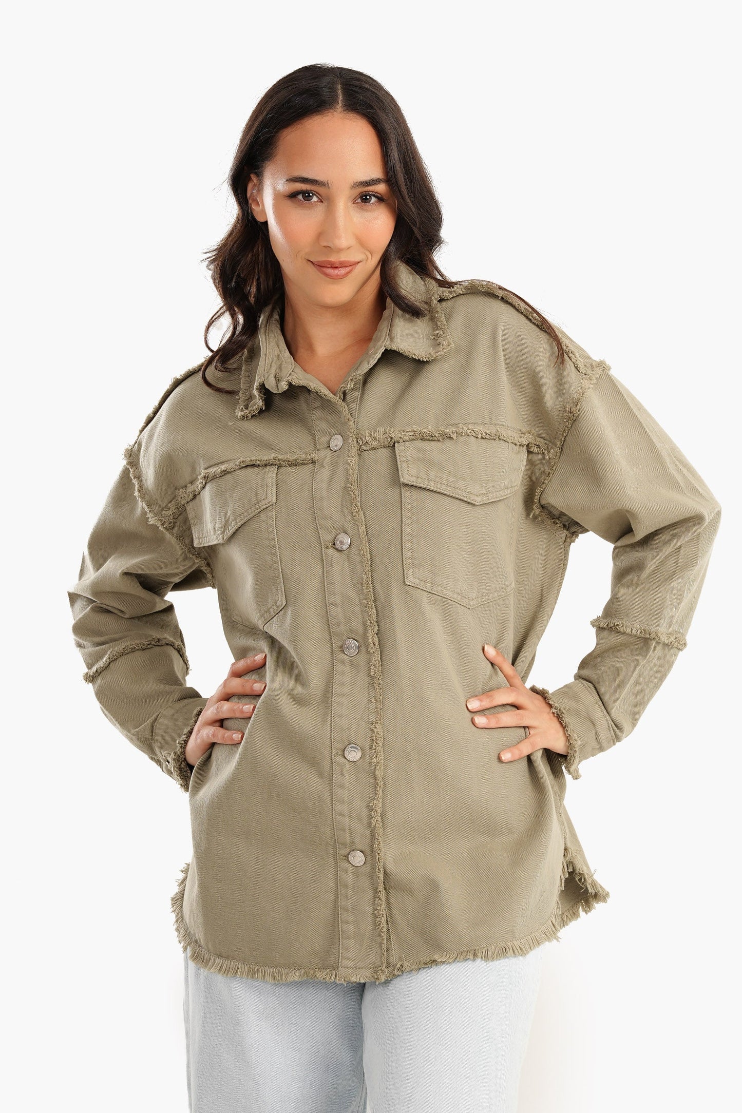 Denim Jacket with Fringes - Olive