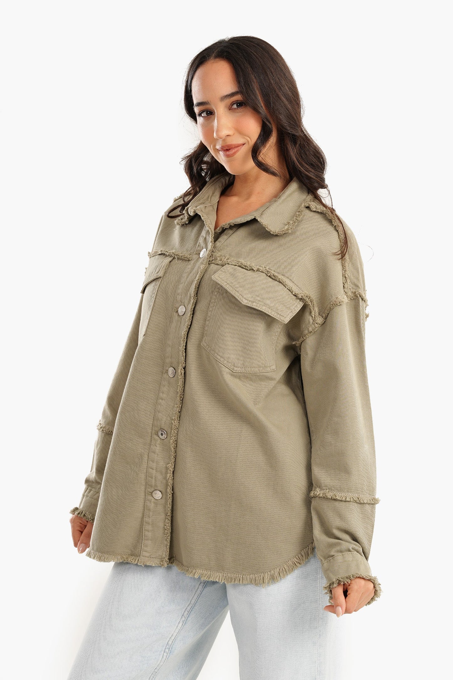 Denim Jacket with Fringes - Olive