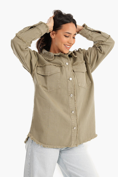 Denim Jacket with Fringes - Olive