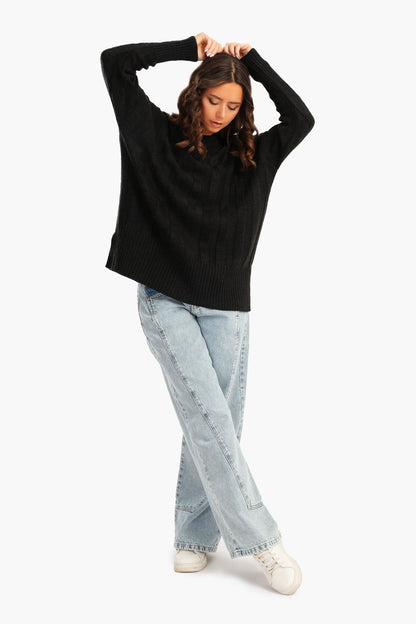 Large Rib Knitting Pullover - Black