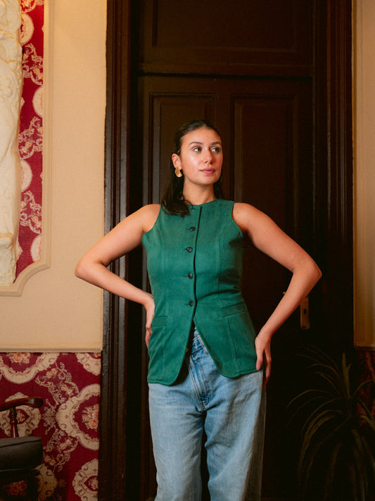 Suede Solid Button Vest – Green
