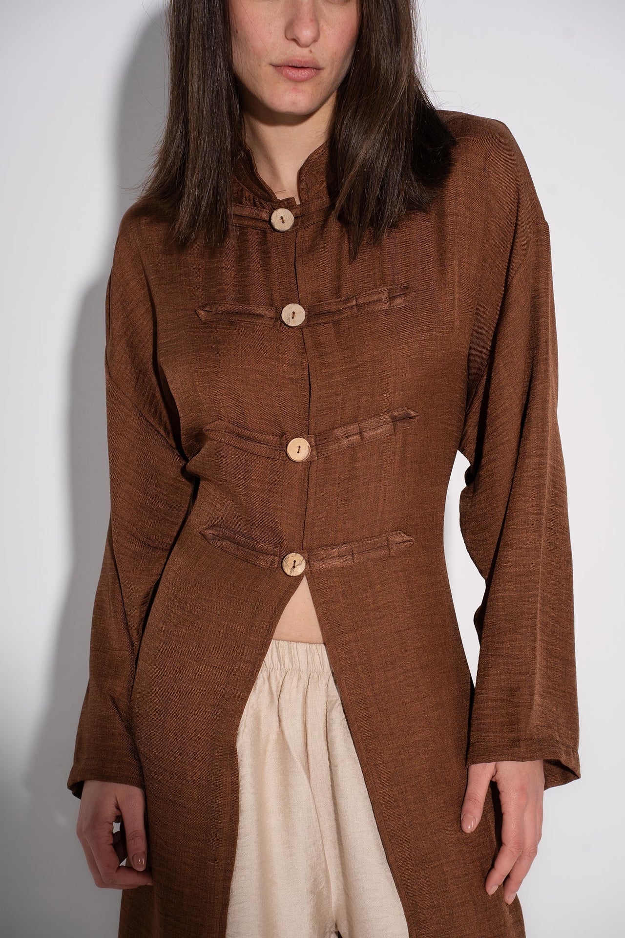 Longline Buttoned Kimono - Cafe