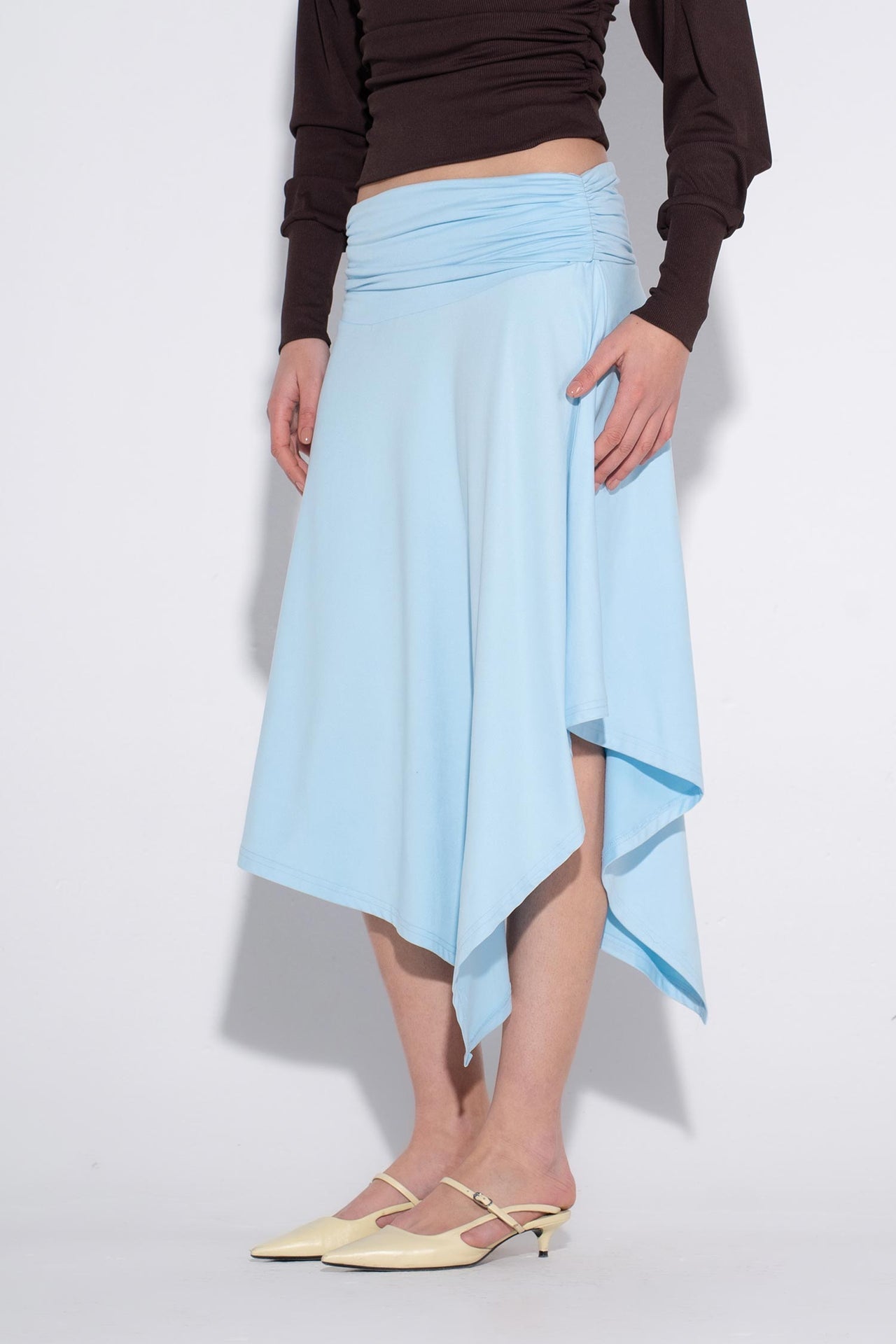 Ruched Asymmetrical Midi Skirt - Sky Blue
