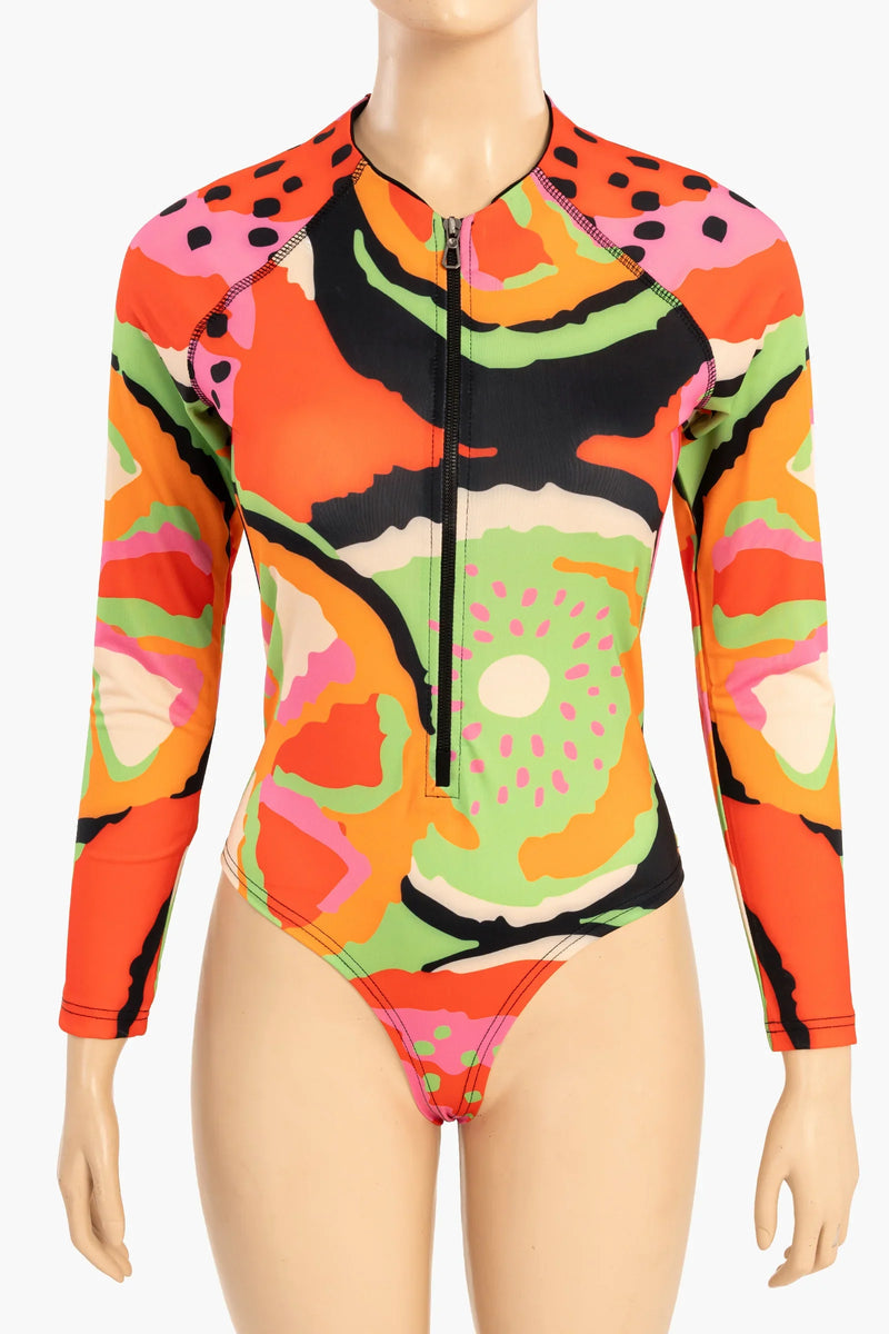 Polyester Fruity Print Rash Guard Swimsuit – Multicolor