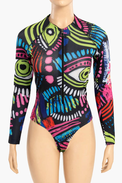 Polyester Abstract Print Rash Guard Swimsuit – Multicolor