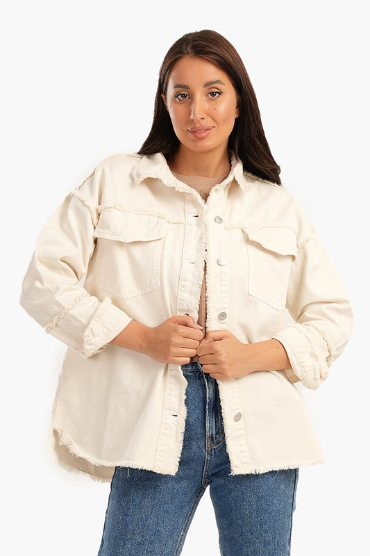 Denim Jacket with Fringes - Beige