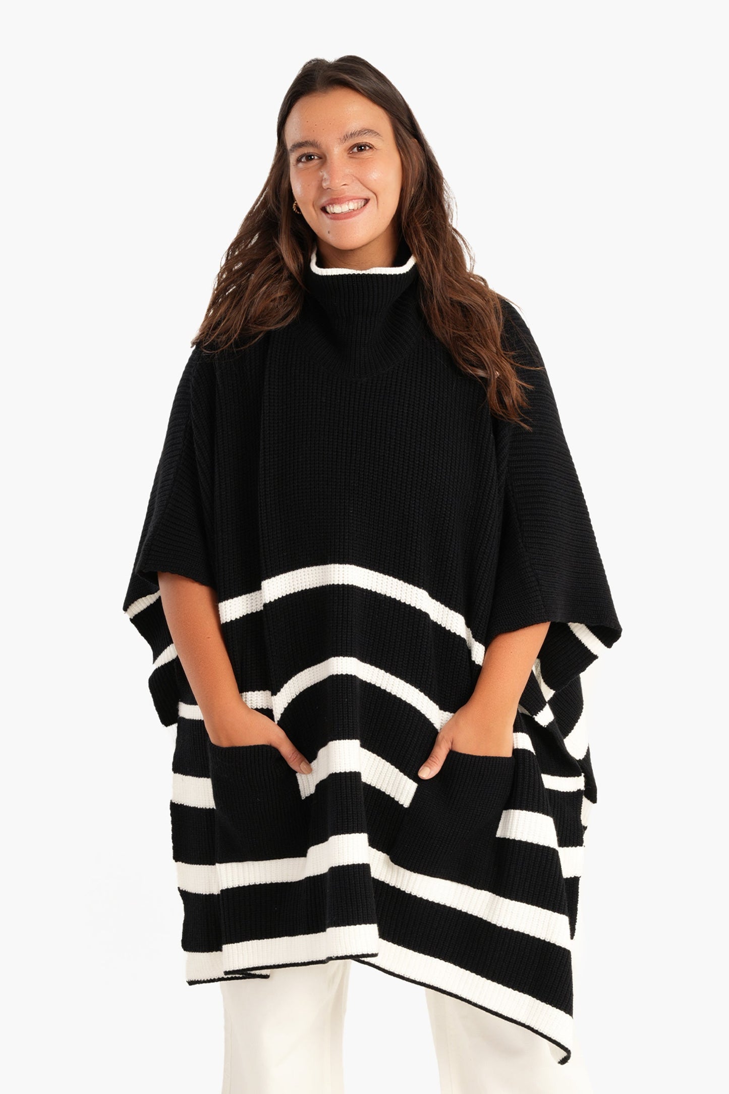 Black Poncho with White Stripes