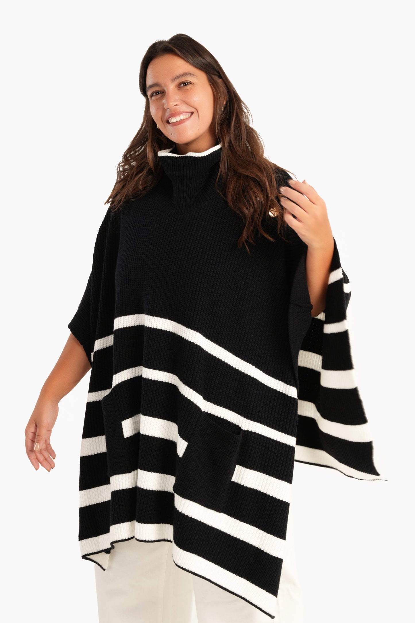 Black Poncho with White Stripes