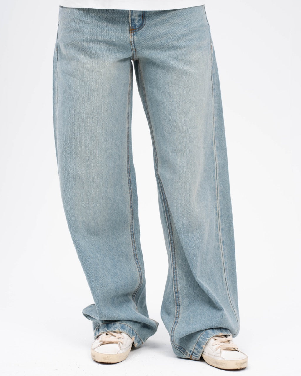 Cotton Denim Wide-Leg Jeans - Light Blue