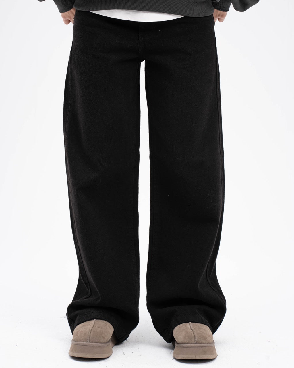 Cotton Denim Wide-Leg Jeans - Black