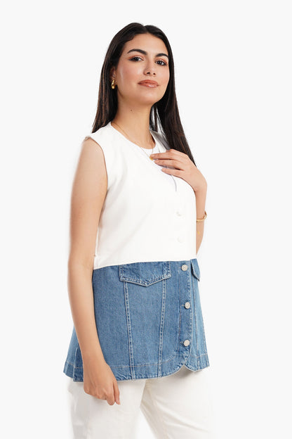 Crepe & Denim Sleeveless Vest