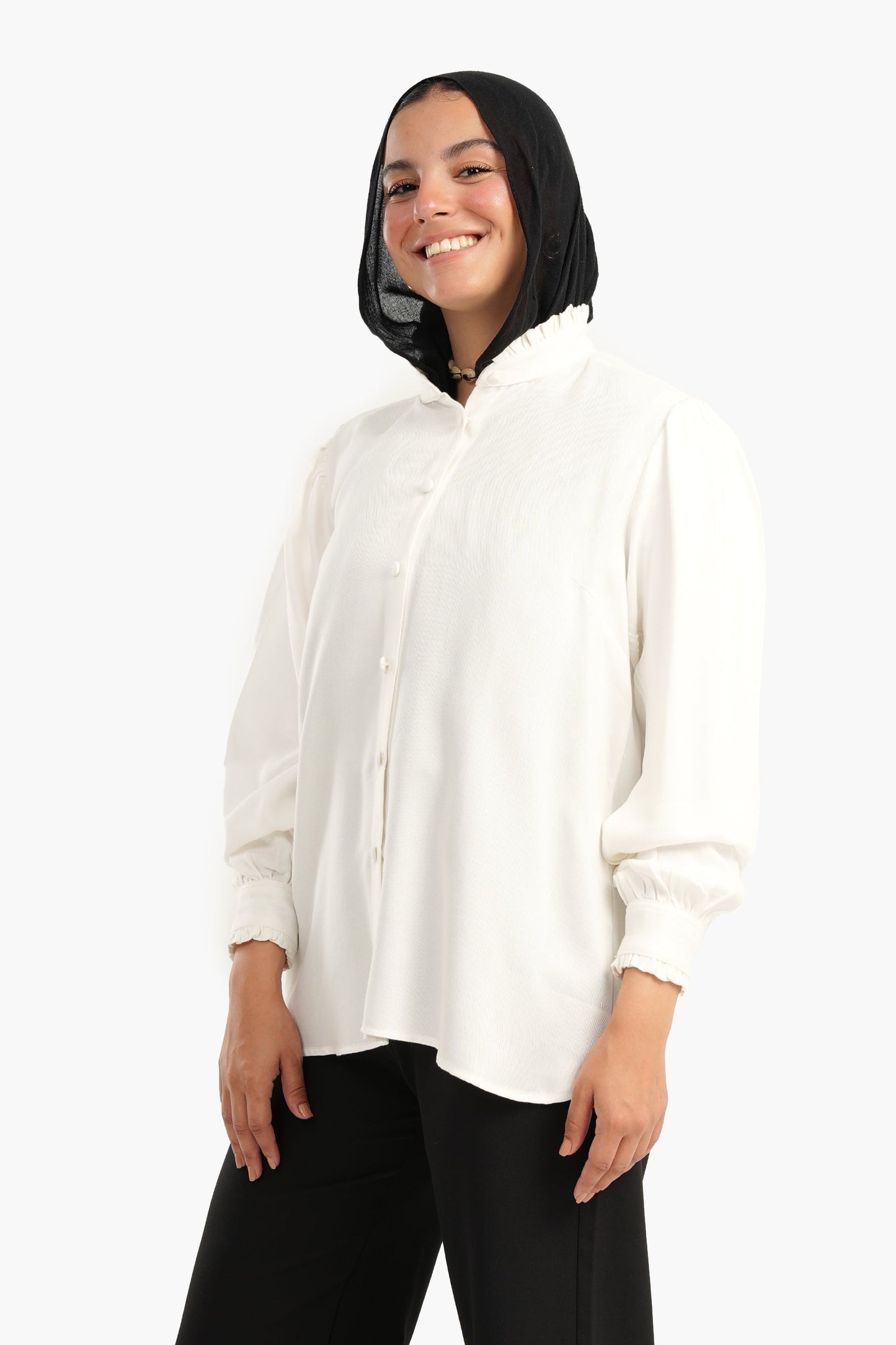 Blouse with Ruffled Stand Collar