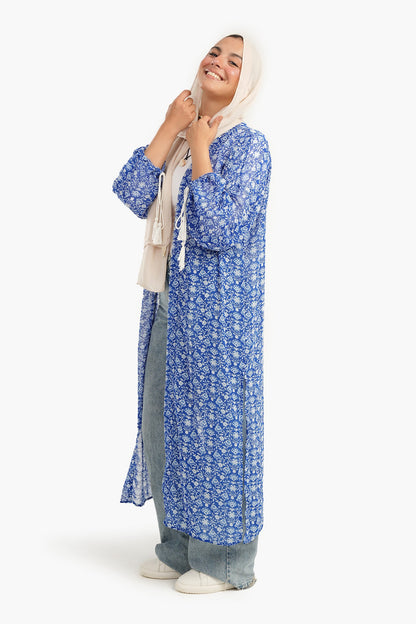 Blue Printed Chiffon Kimono