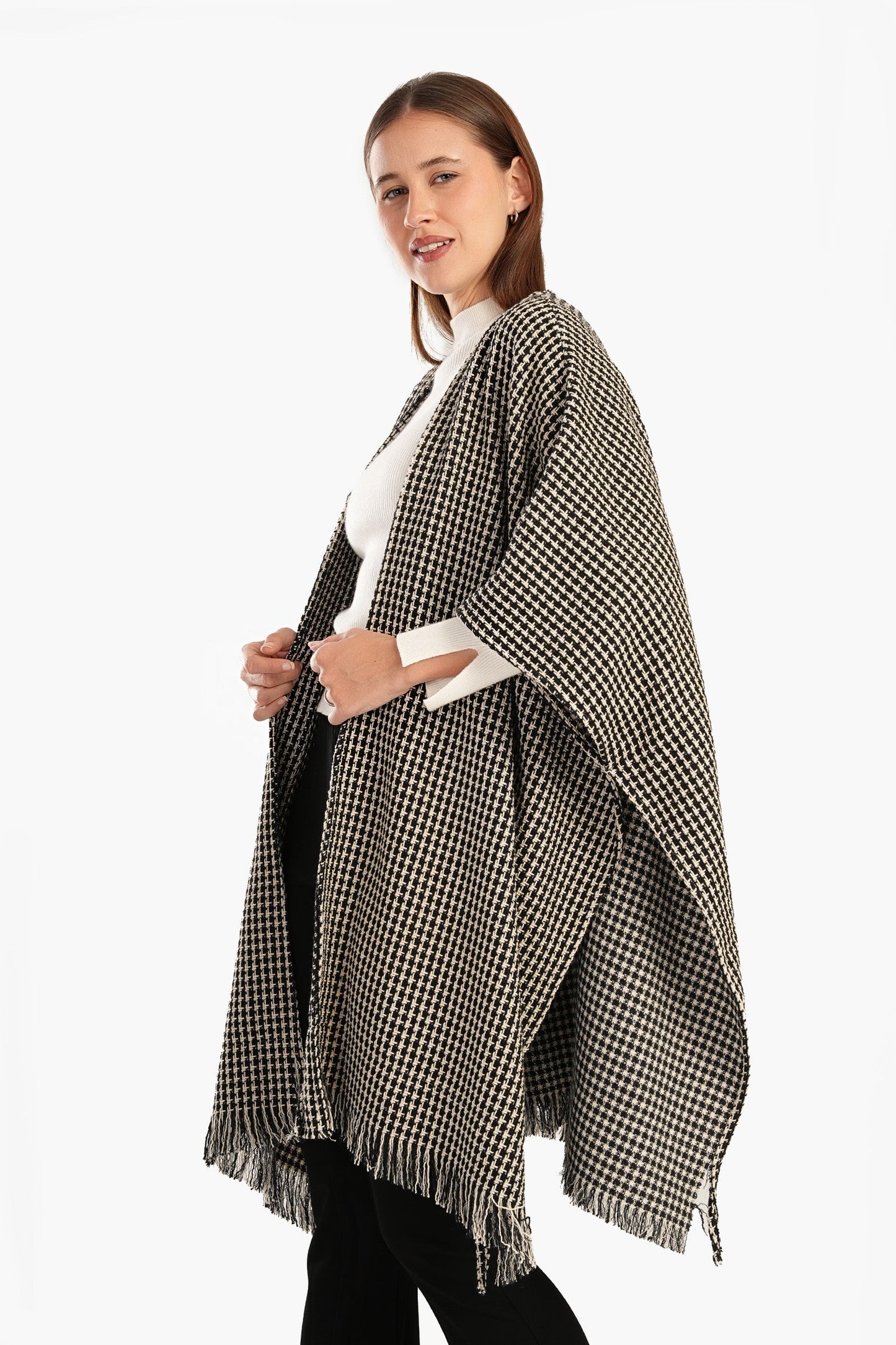 Tweed One Size Poncho - Black