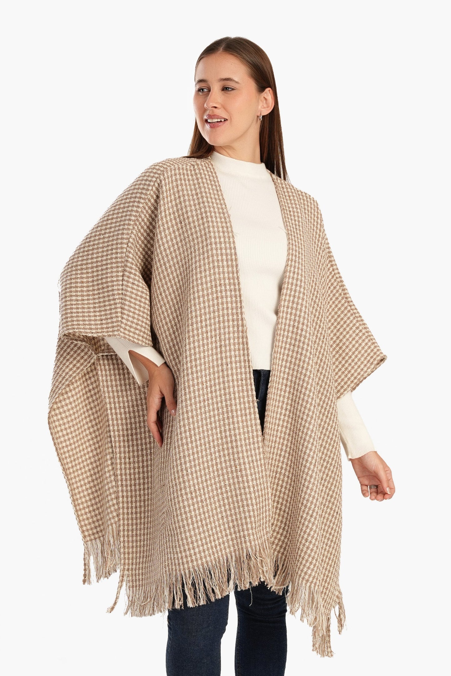 Tweed One Size Poncho - Beige