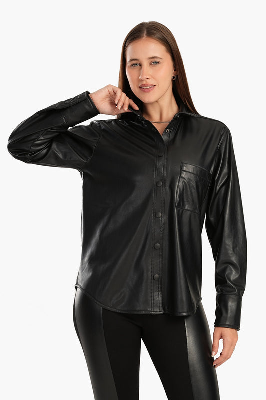 Leather Shirt with Snap Closure - Black