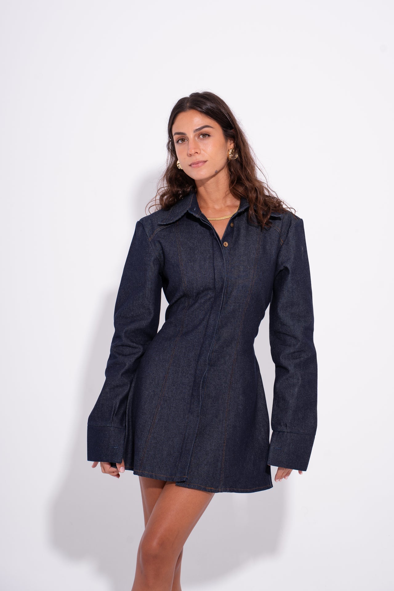 Denim Button-Up Long Shirt – Dark Navy