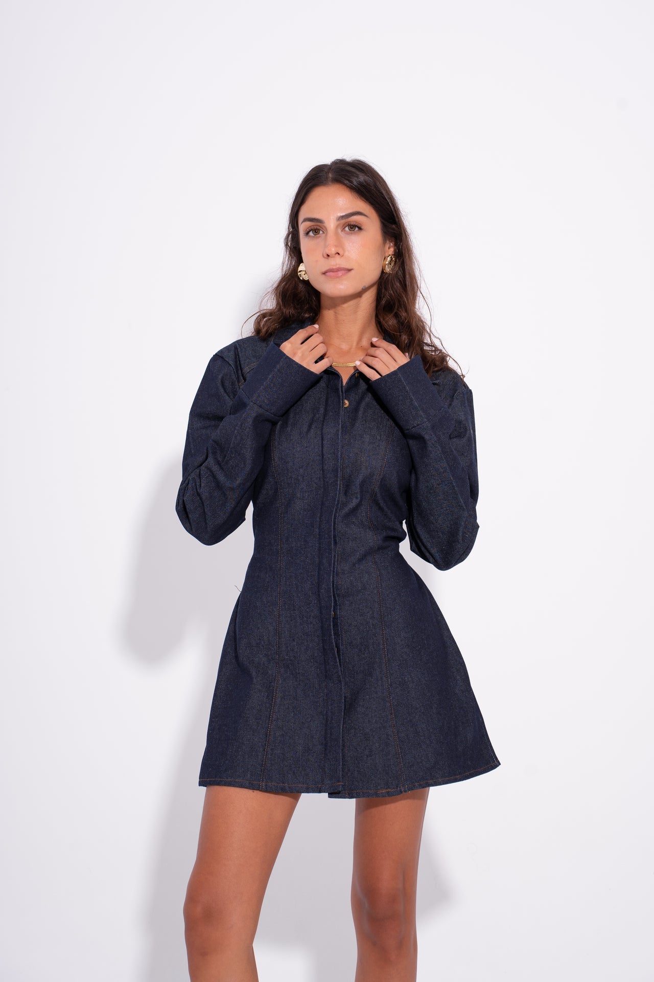 Denim Button-Up Long Shirt – Dark Navy