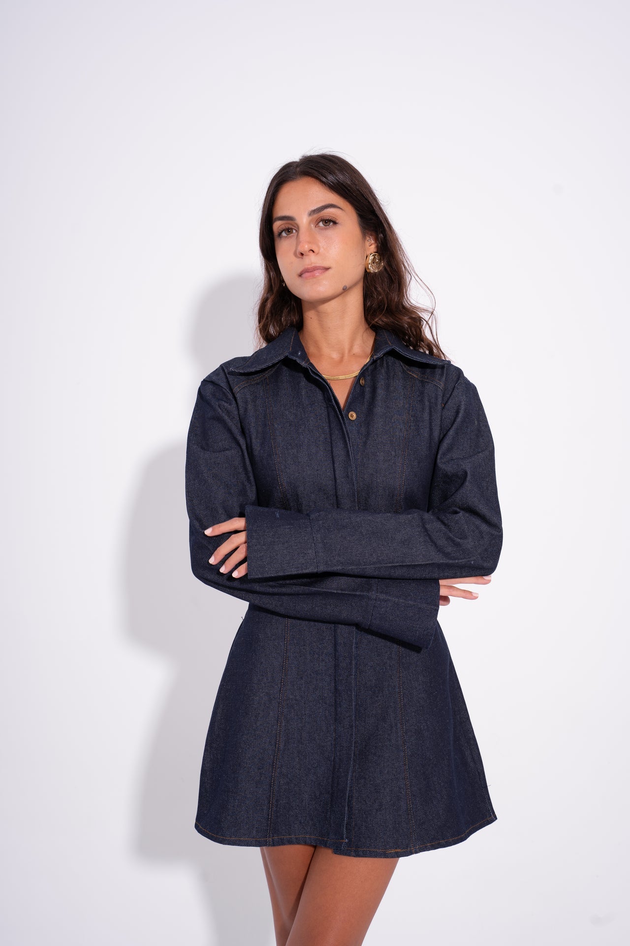 Denim Button-Up Long Shirt – Dark Navy