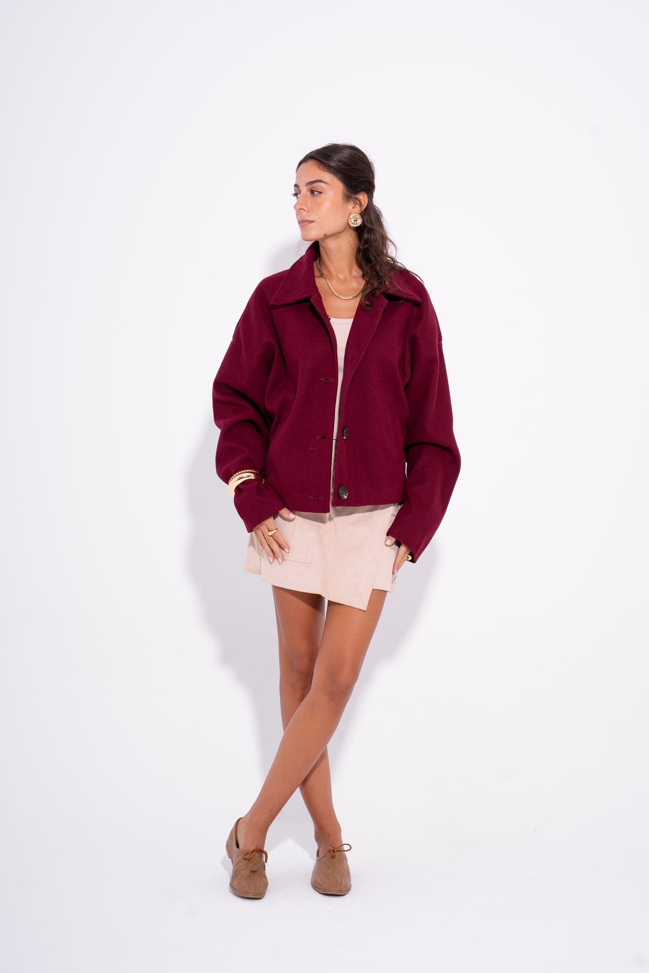 Wool Buttoned Short Coat – Burgundy