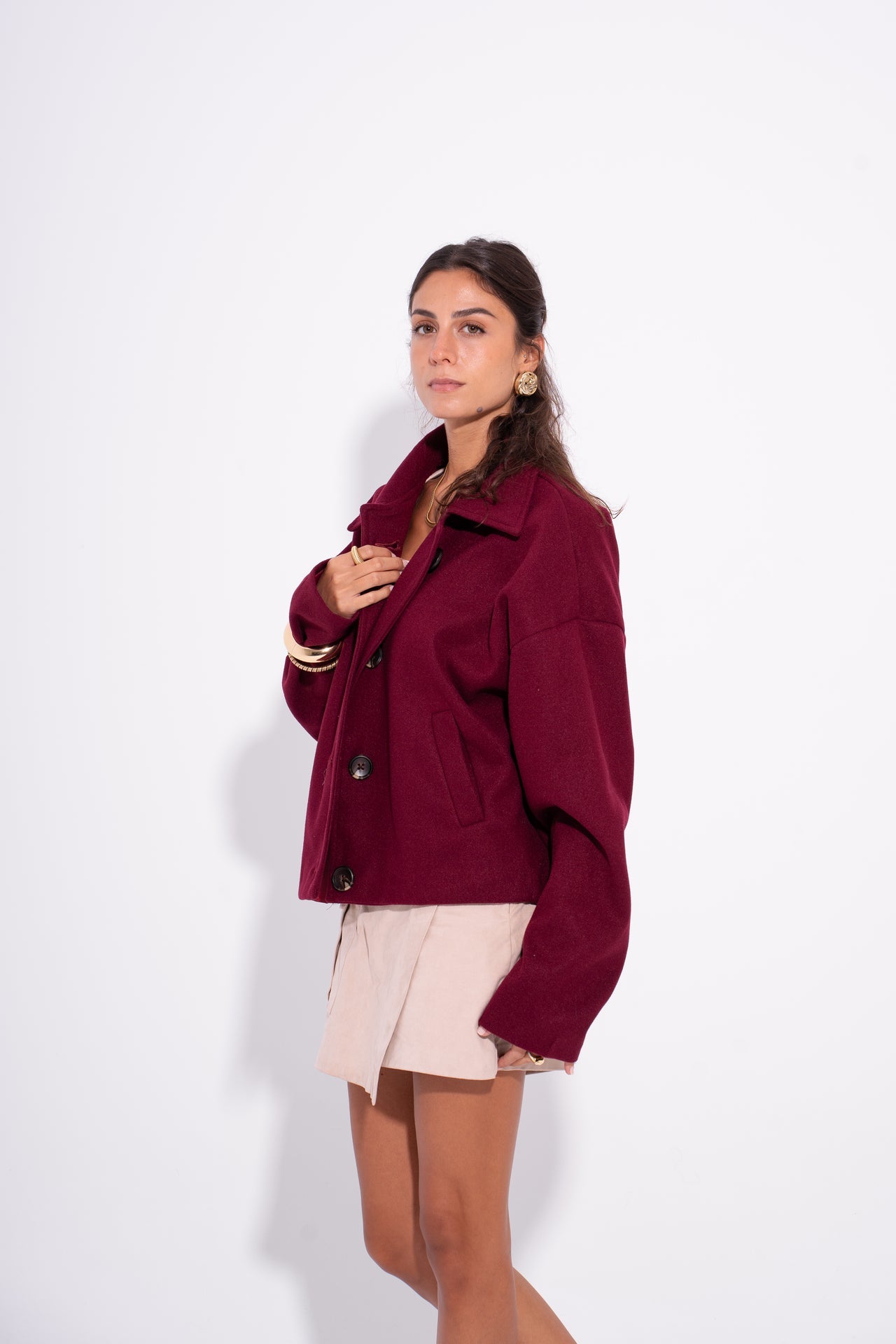 Wool Buttoned Short Coat – Burgundy