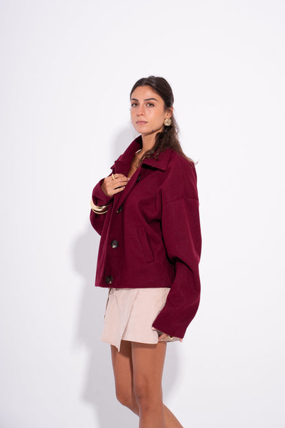 Wool Buttoned Short Coat – Burgundy