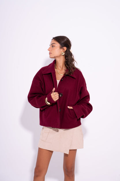 Wool Buttoned Short Coat – Burgundy