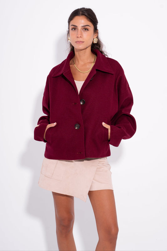 Wool Buttoned Short Coat – Burgundy