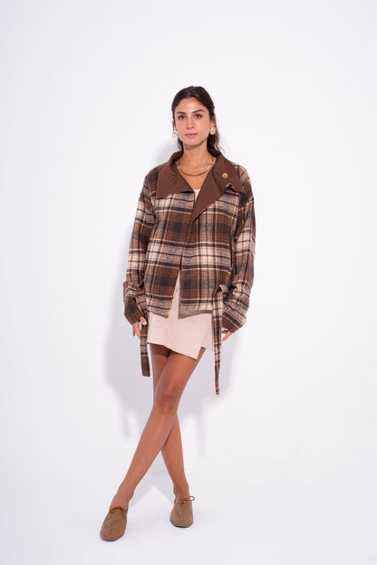 Wool Gabardine Reversible Plaid Jacket – Brown