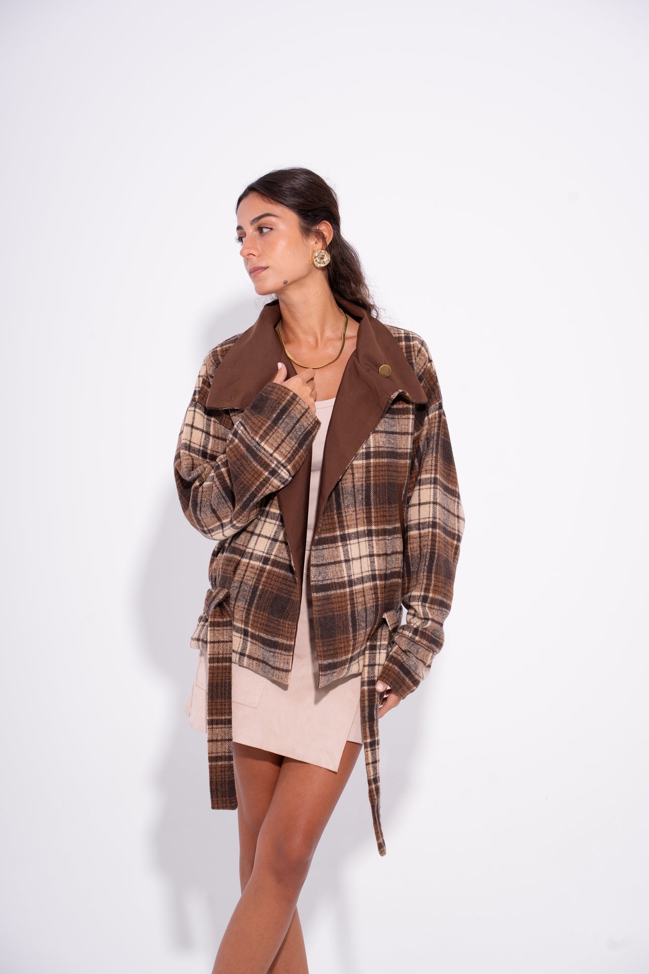 Wool Gabardine Reversible Plaid Jacket – Brown