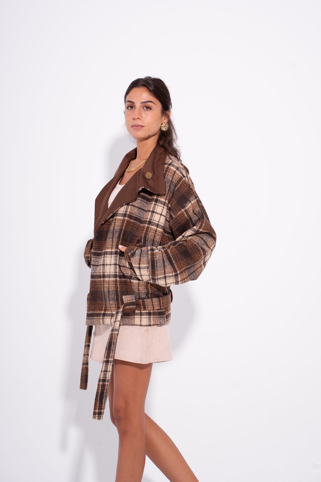 Wool Gabardine Reversible Plaid Jacket – Brown