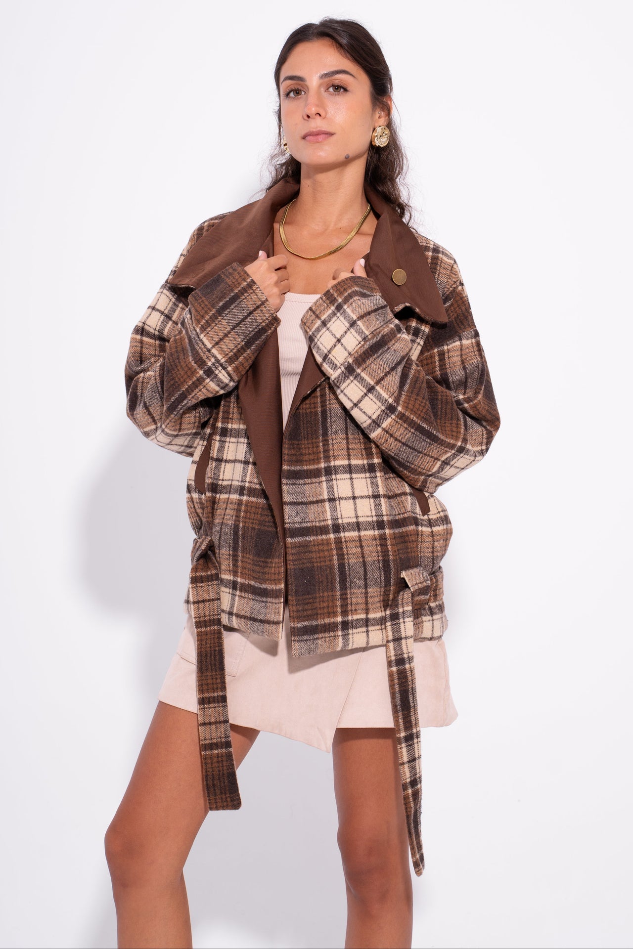 Wool Gabardine Reversible Plaid Jacket – Brown