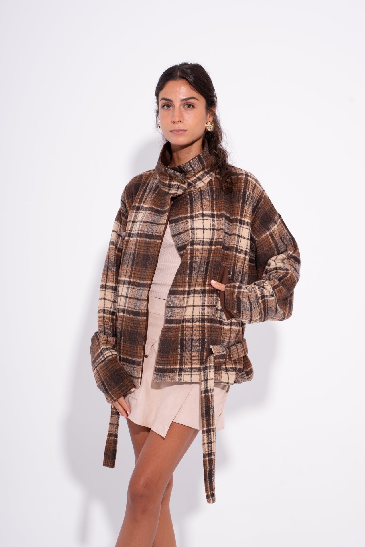 Wool Gabardine Reversible Plaid Jacket – Brown