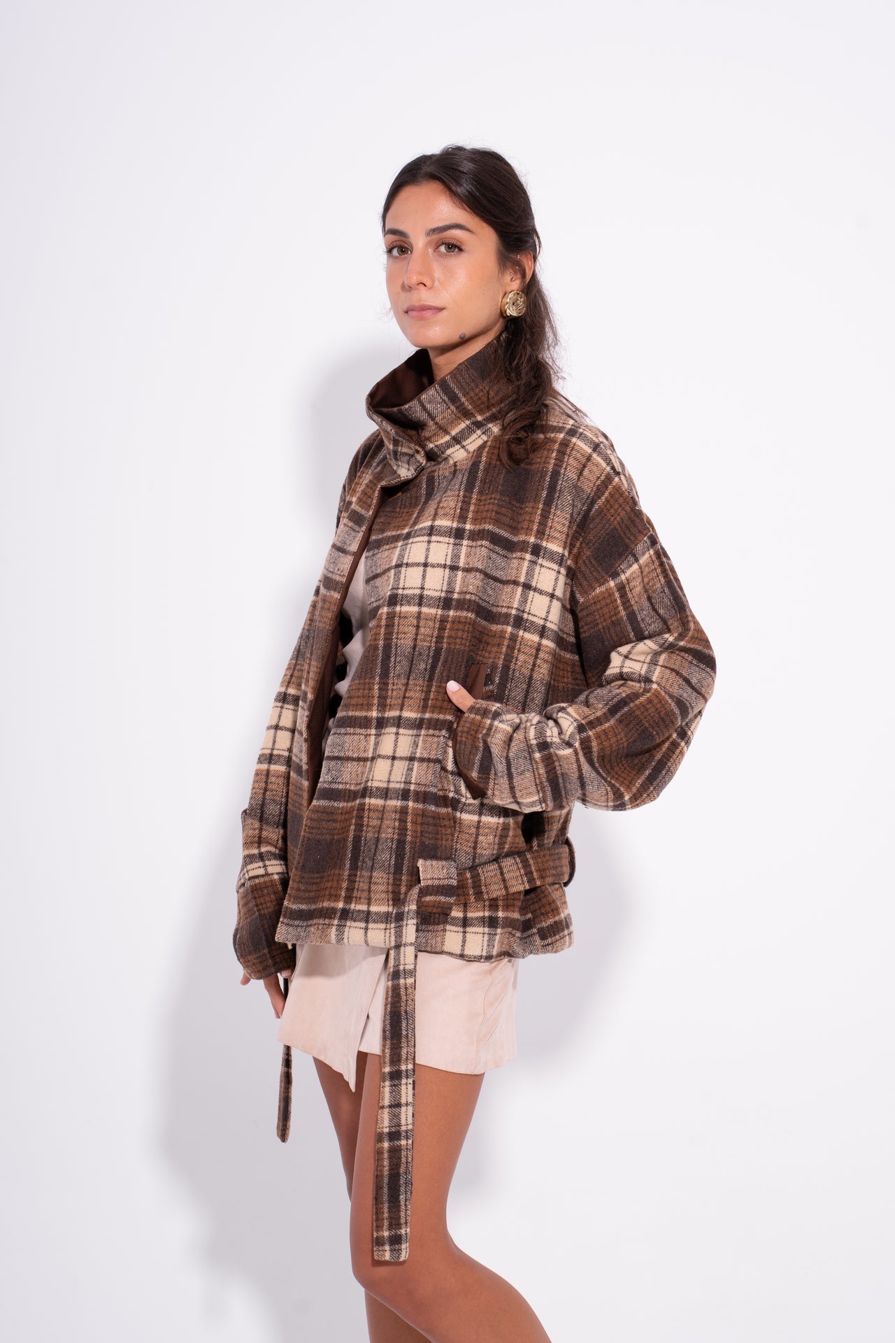 Wool Gabardine Reversible Plaid Jacket – Brown