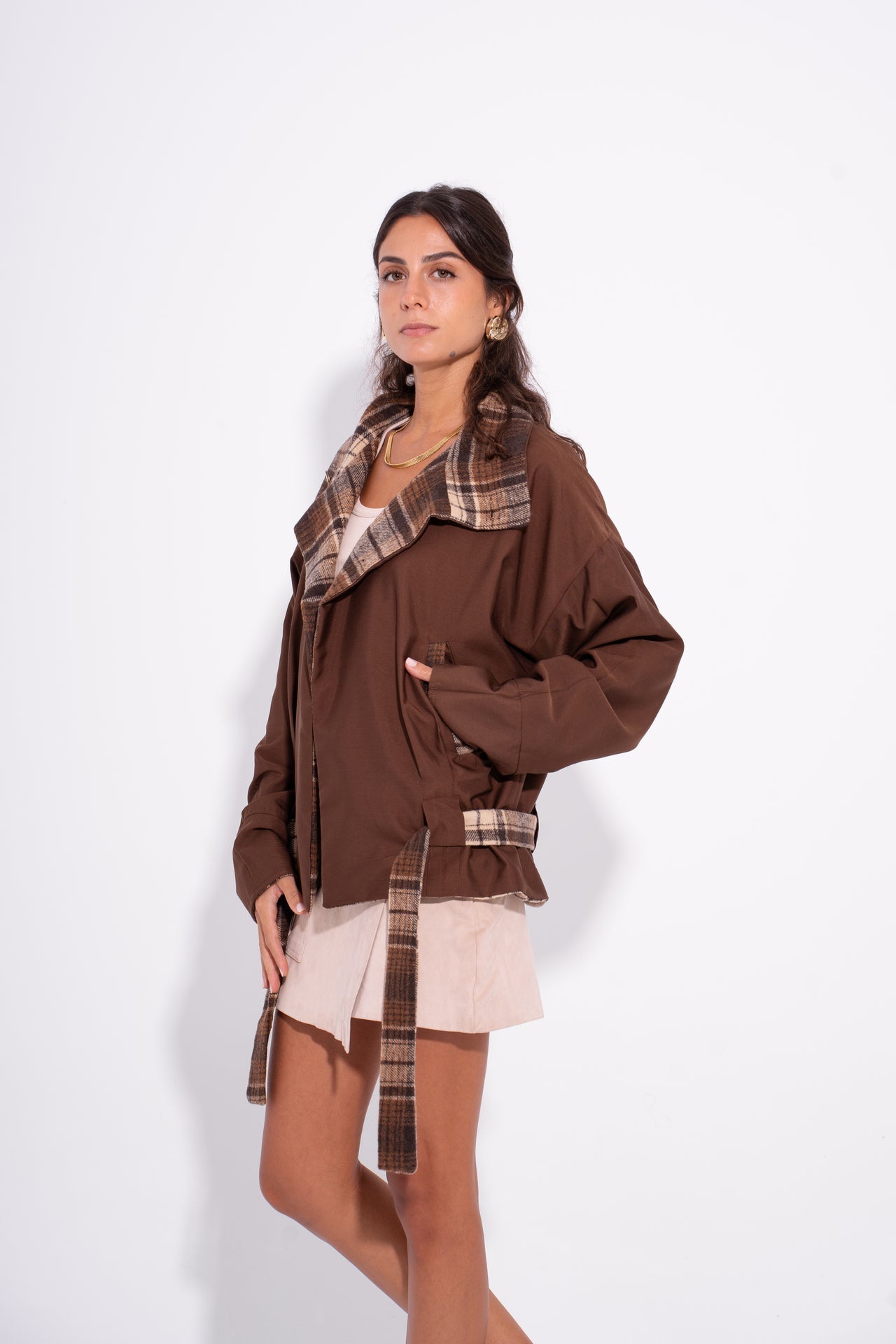 Wool Gabardine Reversible Plaid Jacket – Brown