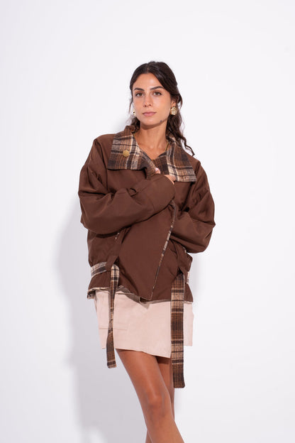 Wool Gabardine Reversible Plaid Jacket – Brown