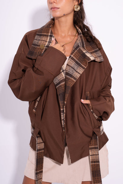 Wool Gabardine Reversible Plaid Jacket – Brown