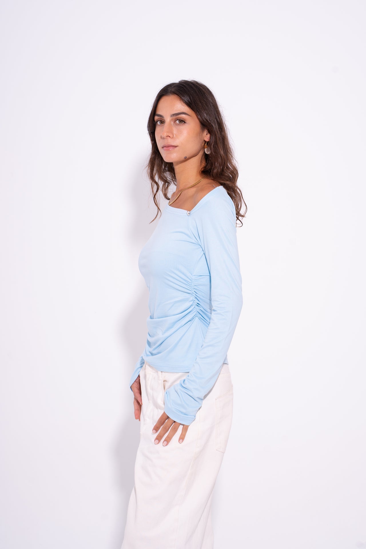 Cotton Asymmetric Shoulder Top – Baby Blue