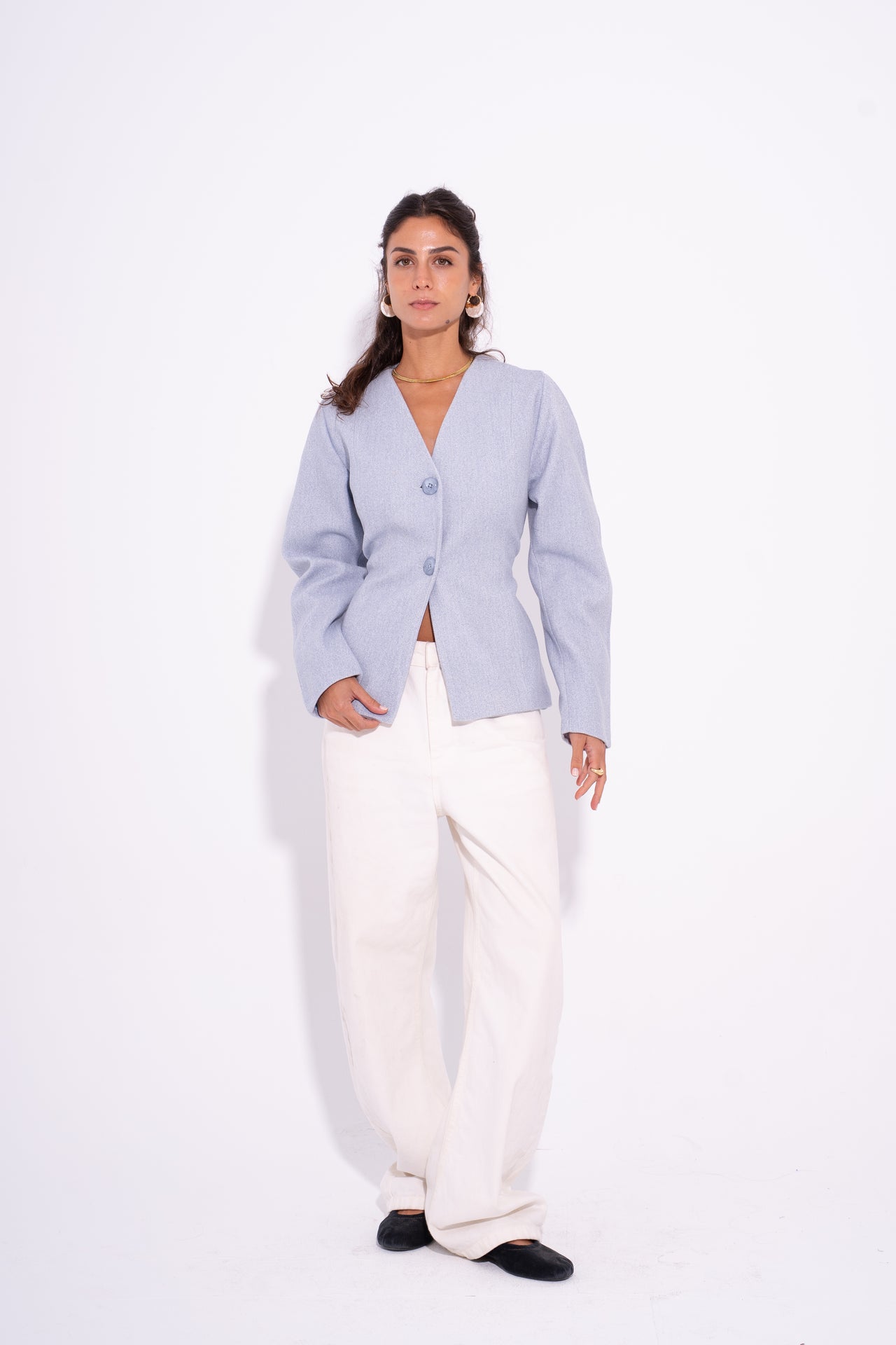 Wool Buttoned Tailored Blazer – Baby Blue