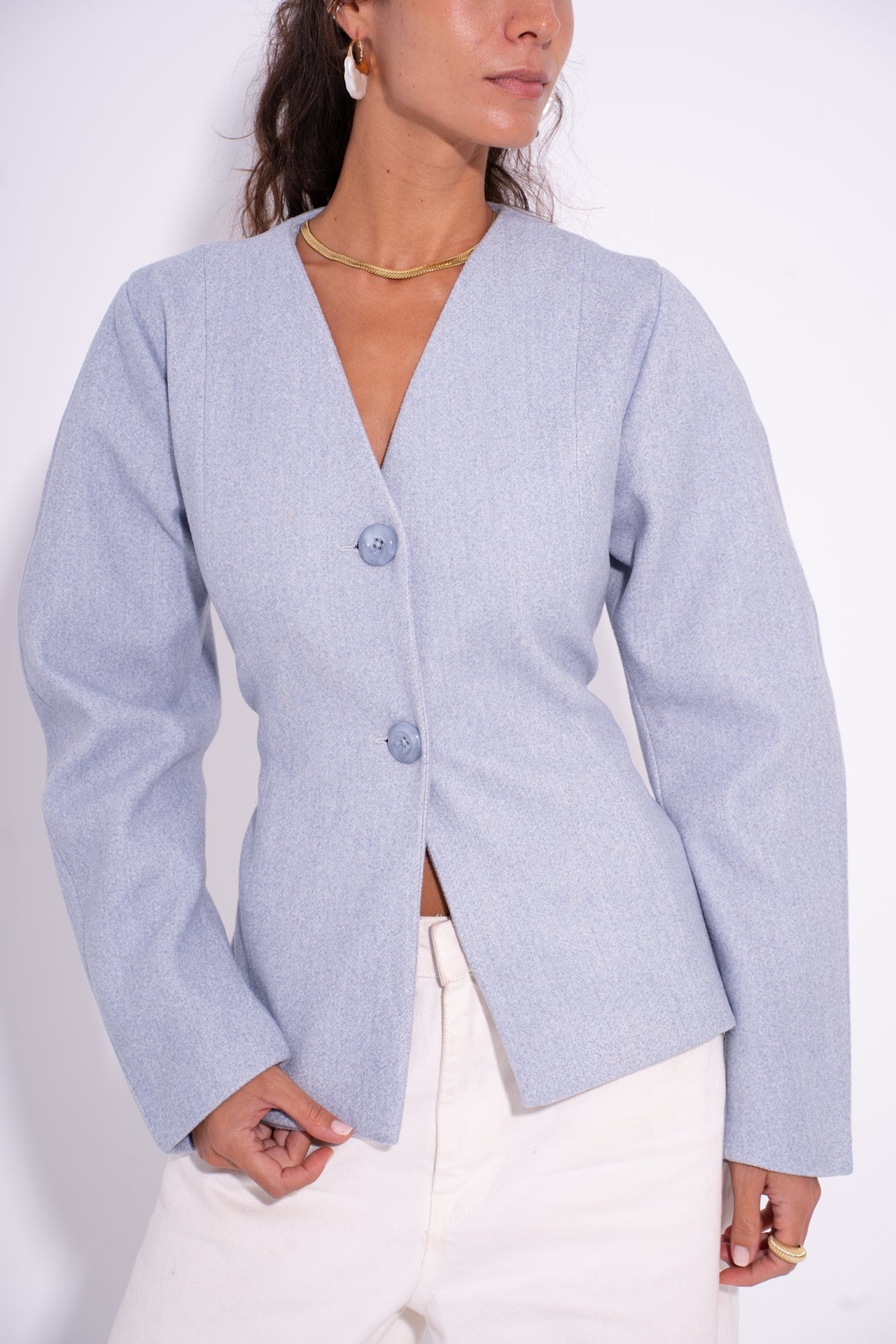 Wool Buttoned Tailored Blazer – Baby Blue