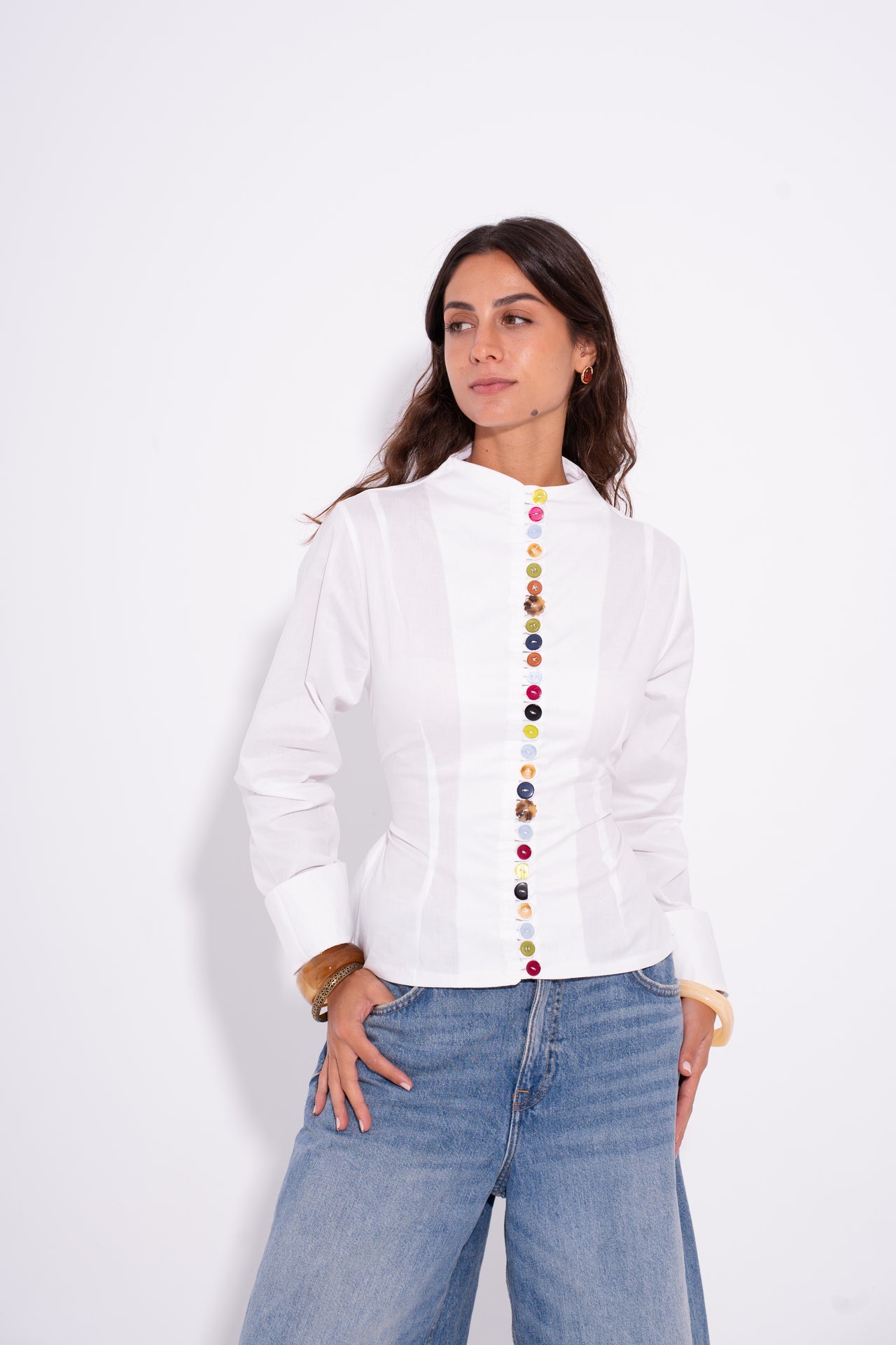Poplin Colorful Button Shirt – White