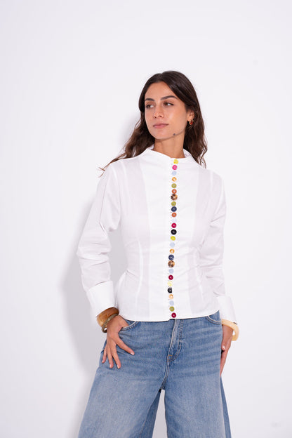 Poplin Colorful Button Shirt – White